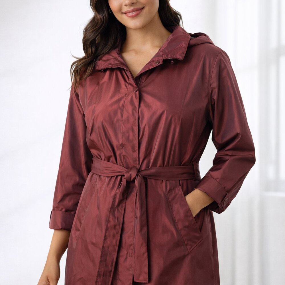 FS Rainwear Burgundy Hooded Long Coat Size L Vintage 90s Fleece Lined